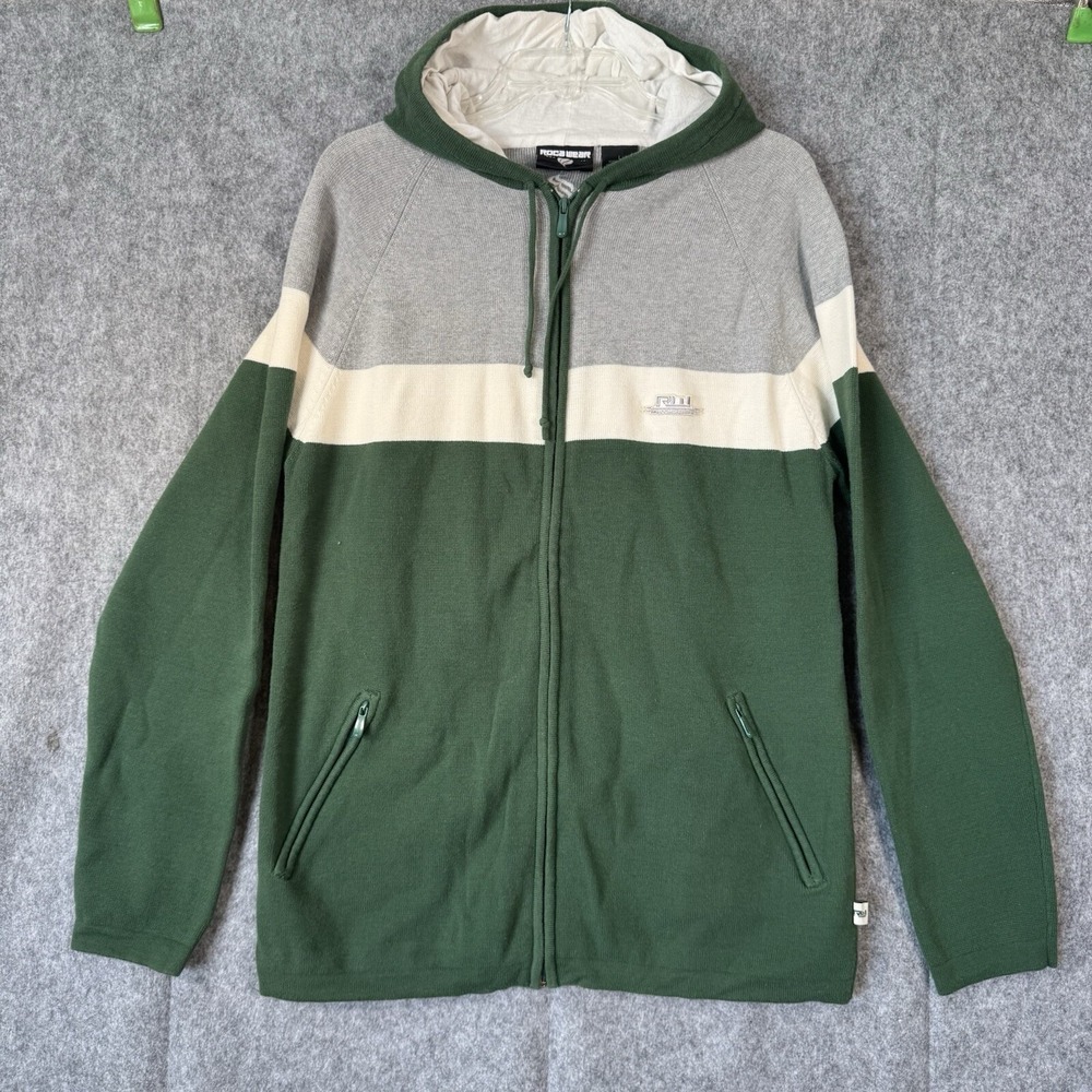 Y2K Rocawear Sweater Mens Large‎ Green Striped Knit Hooded Zip Hip Hop Vtg